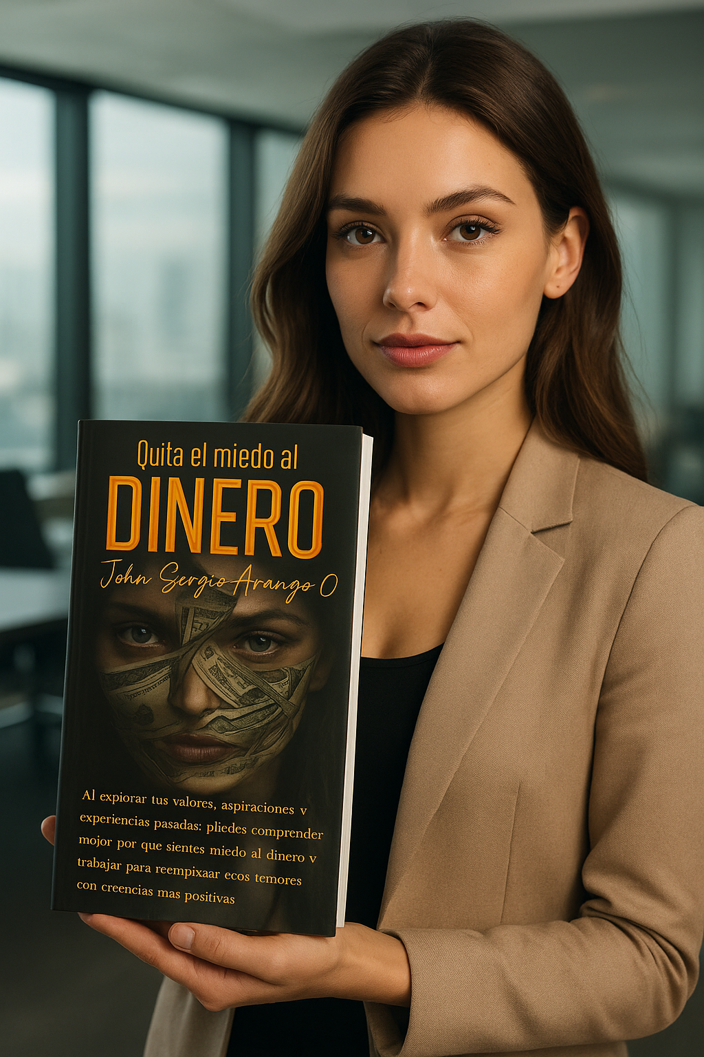 Portada del libro Quita el Miedo al Dinero. Una mujer cuyo rostro está parcialmente reemplazado por billetes de dólar, simbolizando la relación distorsionada entre las personas y el dinero.